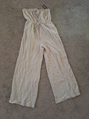 Forever 21 Cream Strapless Wide-Leg Jumpsuit
